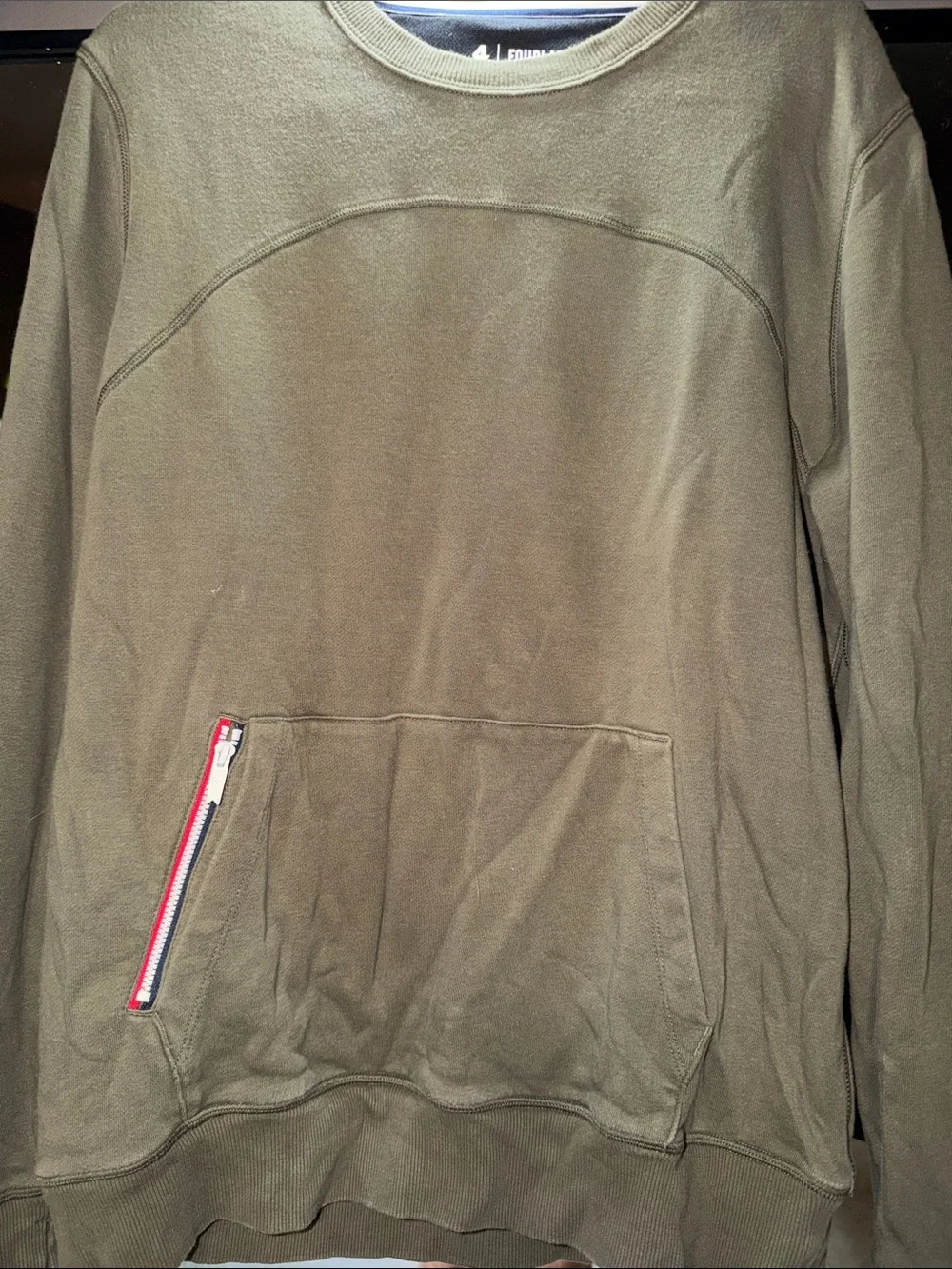 Fourlaps Men’s Olive Green Crewneck Sweatshirt Zip Pocket Size Medium